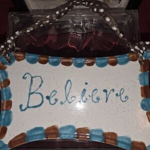 Handmade "Believe" Ceramic Wall Plaque in Blue and Brown